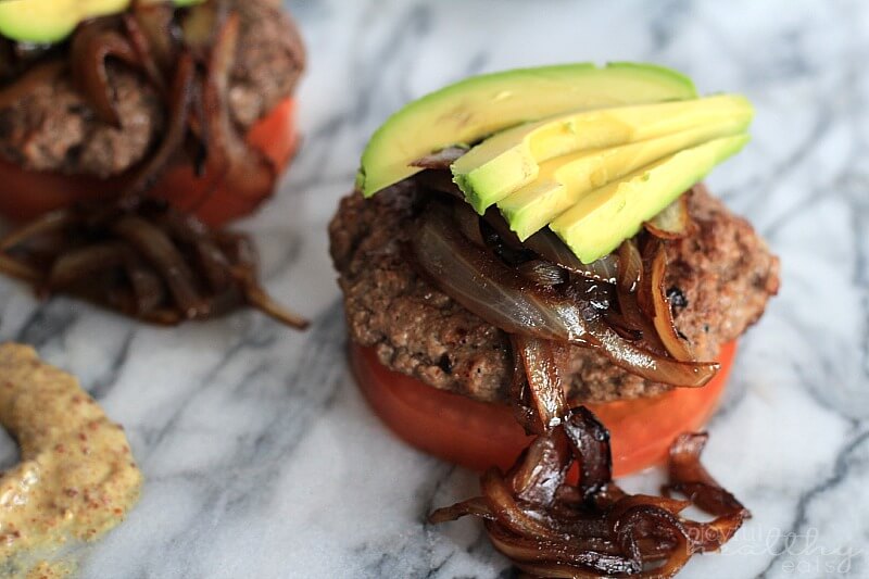 50 Grain-Free & Paleo Ground Beef Recipes 3 Paleo-Burger-with-Caramelized-Balsamic-Onions-Avocado-6